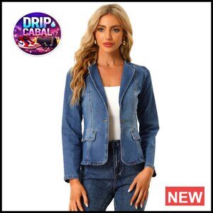 Cropped Denim Blazer Jacket, Lightweight Stretchy, Collarless One Button